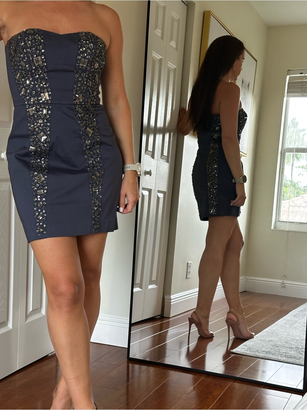 French Connection Navy Strapless Embellished Mini Dress
